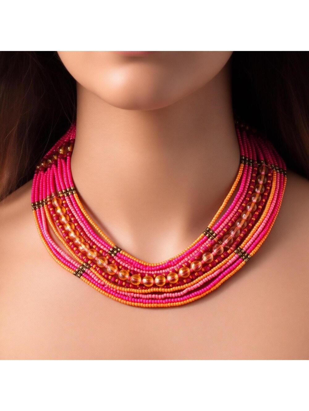 Boho Ethnic Multi Layer 11” Seed Bead Necklace Pink Orange Gold Tone Bib